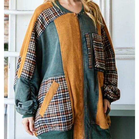 Oli & Hali WASHED COLORBLOCK ZIP FRONT BOMBER TERRY JACKET - Picture 3 of 3